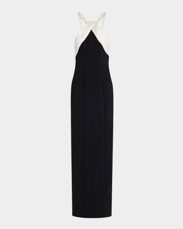 Satin Beaded Halter Crepe Column Gown
